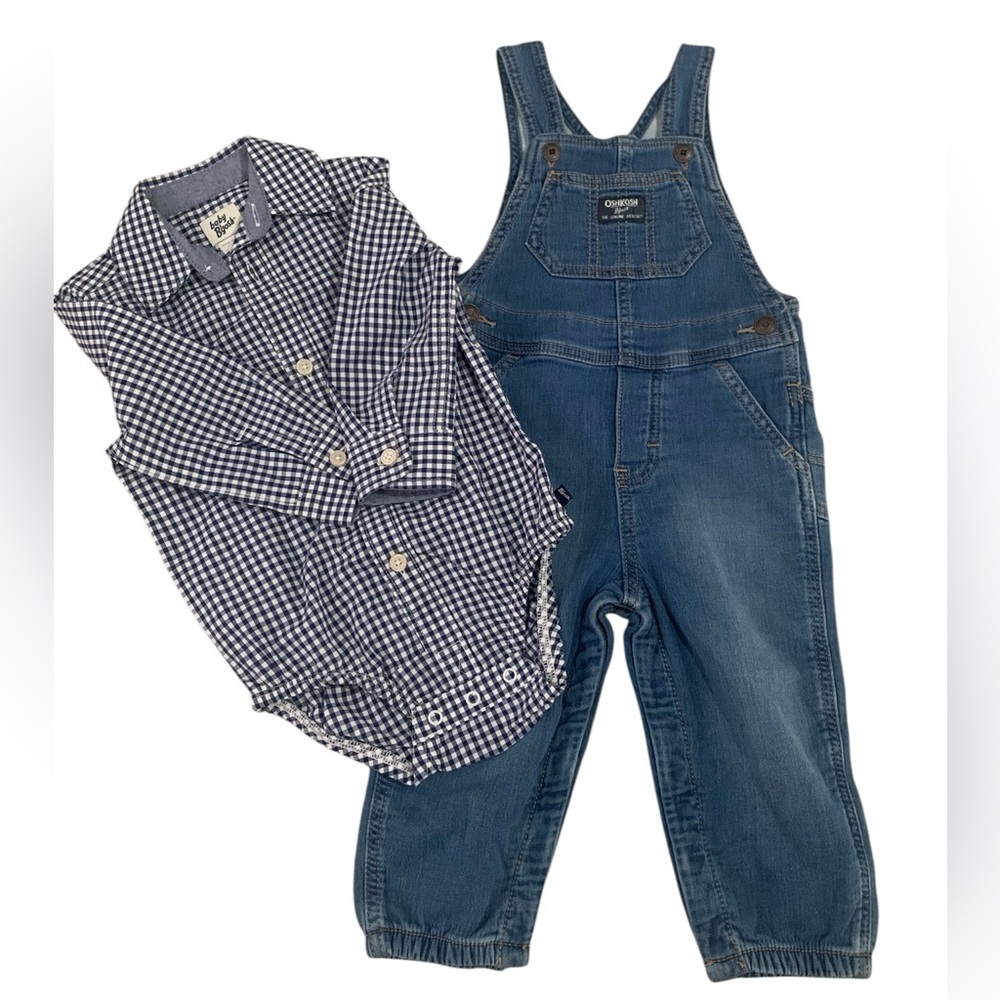 OshKosh B'gosh Denim Overalls & Gingham Bodysuit 2‎ Piece Set 18M Toddler